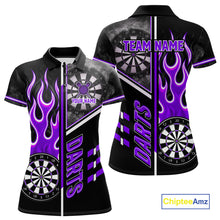 Load image into Gallery viewer, Black And Purple Flaming Smoke Darts Shirt For Women Custom Darts Jersey Team Polo &amp; 1/4 Zip TDM6096
