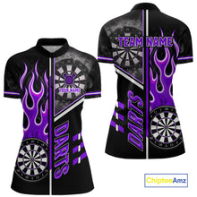 Load image into Gallery viewer, Black And Purple Flaming Smoke Darts Shirt For Women Custom Darts Jersey Team Polo &amp; 1/4 Zip TDM6096