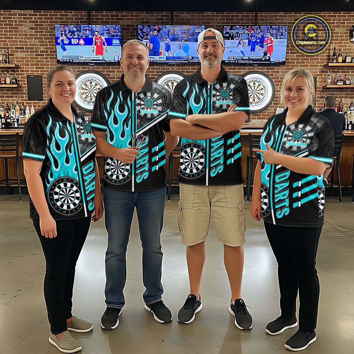 Black And Turquoise Flaming Smoke Darts Shirt For Men Custom Darts Jersey Team Polo & 1/4 Zip TDM6097