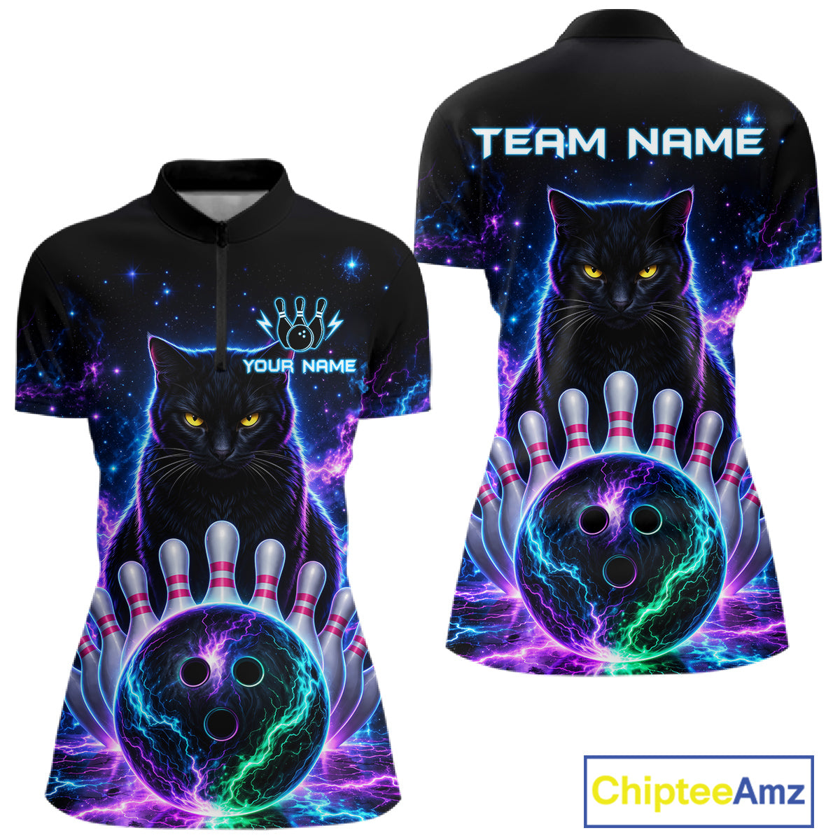 Neon Funny Cat Bowling Jersey Polo & 1/4 Zip For Women Custom Bowling Team Jersey, Bowling Gifts TDM6359