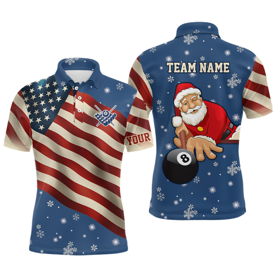 Funny Christmas Santa And Billiard Custom Snowflake Men Polo Shirts, Patriotic USA Christmas Shirts TDM0595