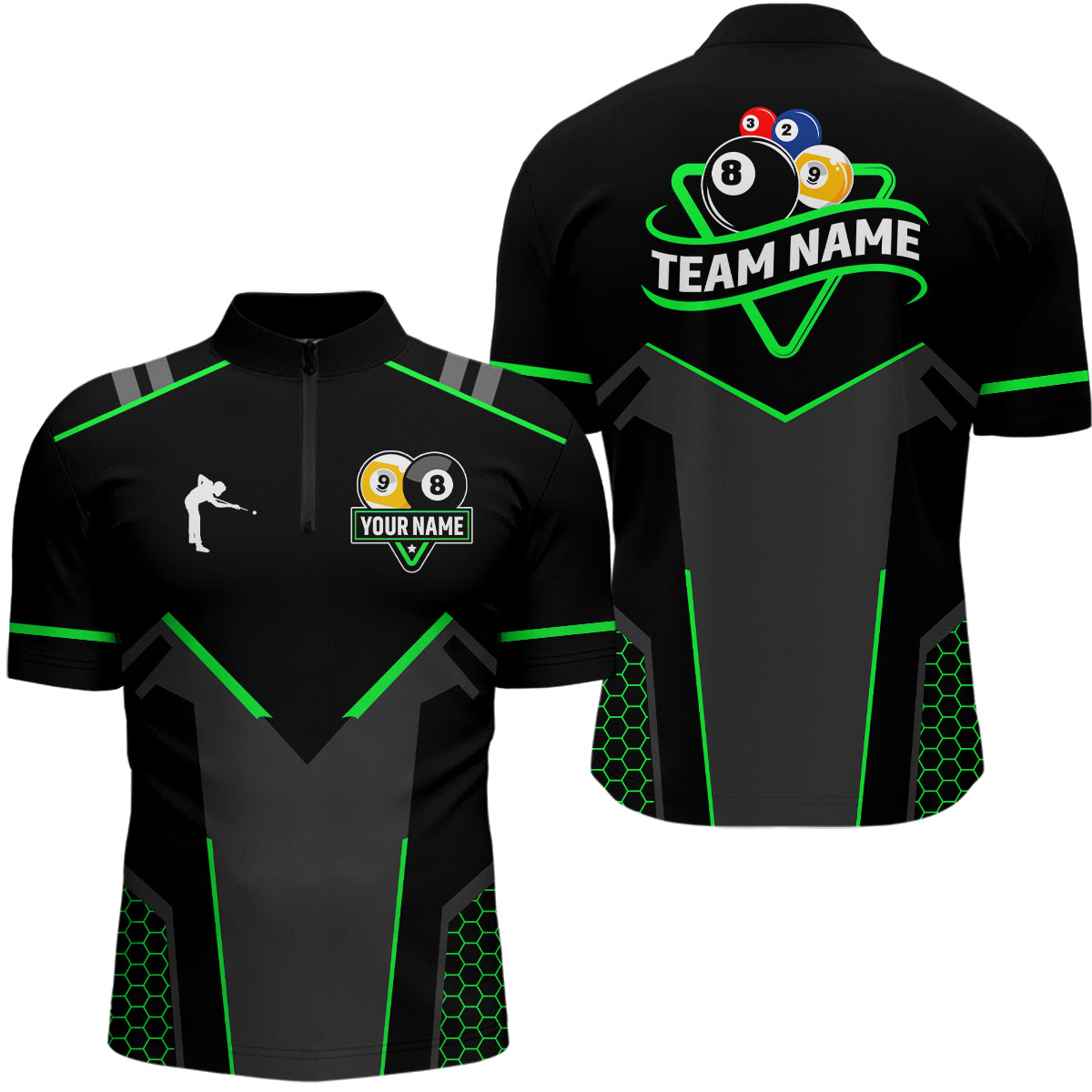 Personalized Billiard 8 Ball & 9 Ball Pool Polo, 1/4 Zip For Men Custom Team Billiard Jersey |Green TDM3581