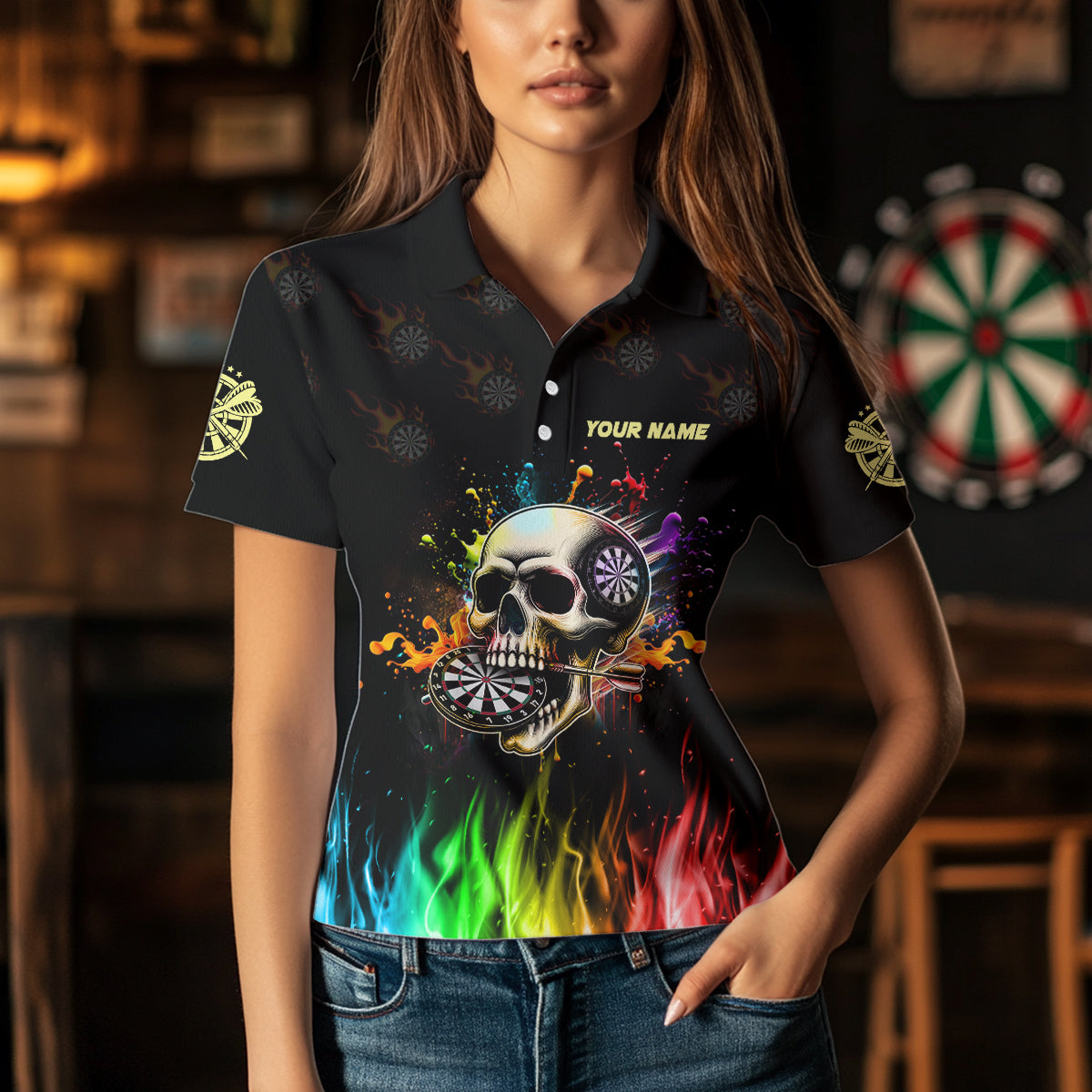 Personalized Funny 3D Darts Skull Colorful Fire Darts Polo Shirts For Women Custom Dart Team Jerseys TDM1261