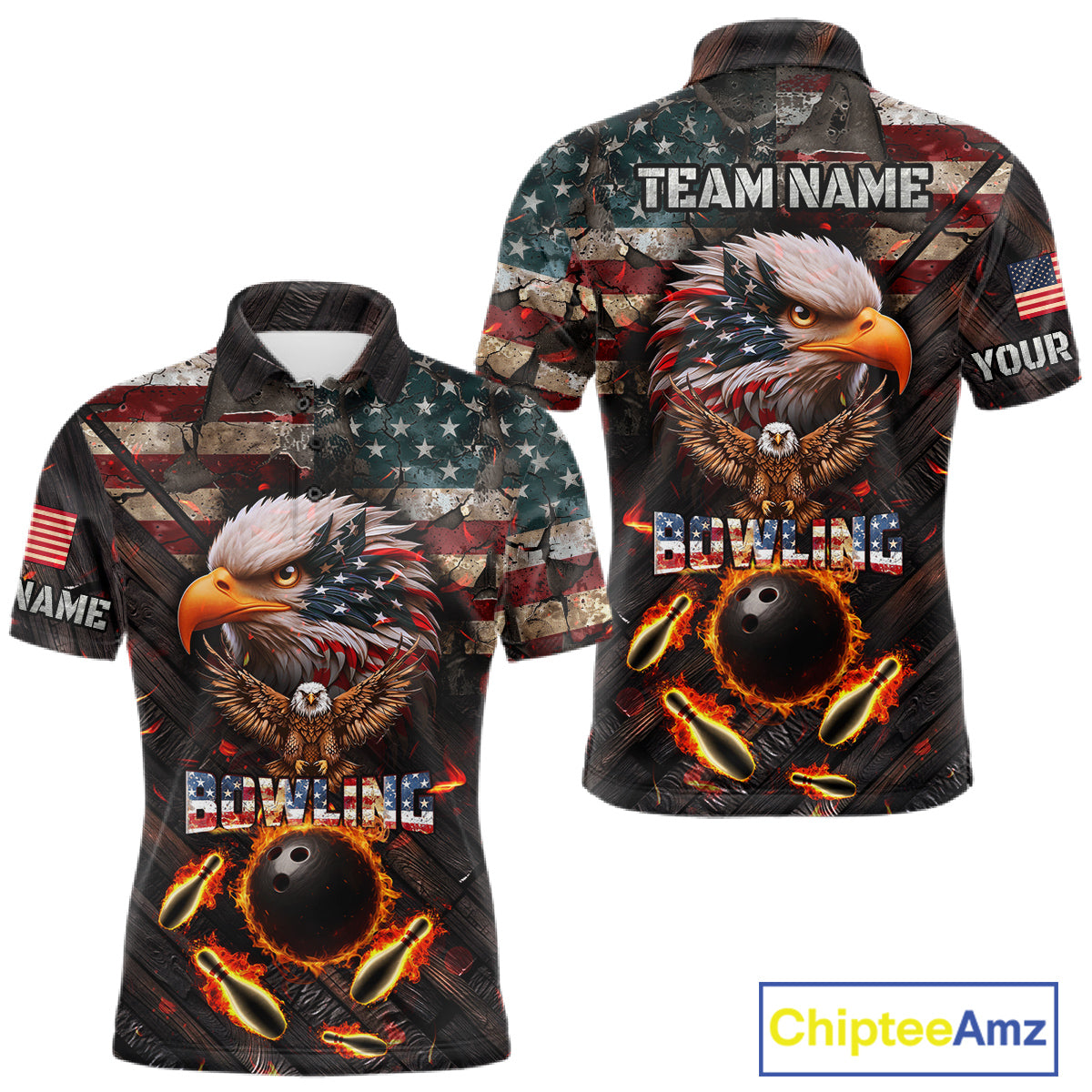 Vintage American Flag Bowling Shirt For Men Custom Eagle Bowling Team Jersey Polo & 1/4 Zip TDM6107