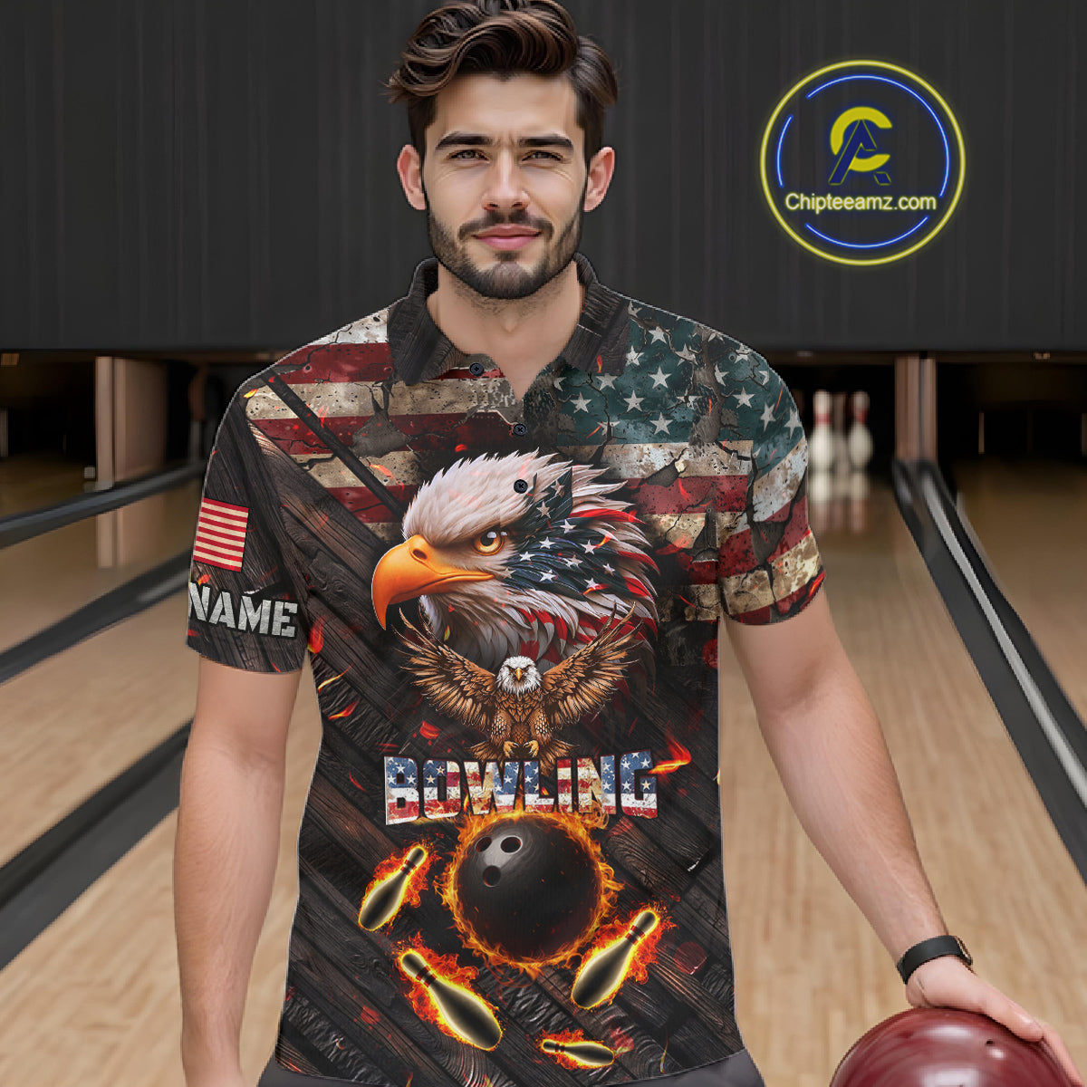 Vintage American Flag Bowling Shirt For Men Custom Eagle Bowling Team Jersey Polo & 1/4 Zip TDM6107