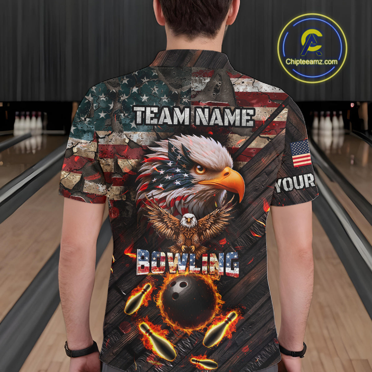 Vintage American Flag Bowling Shirt For Men Custom Eagle Bowling Team Jersey Polo & 1/4 Zip TDM6107