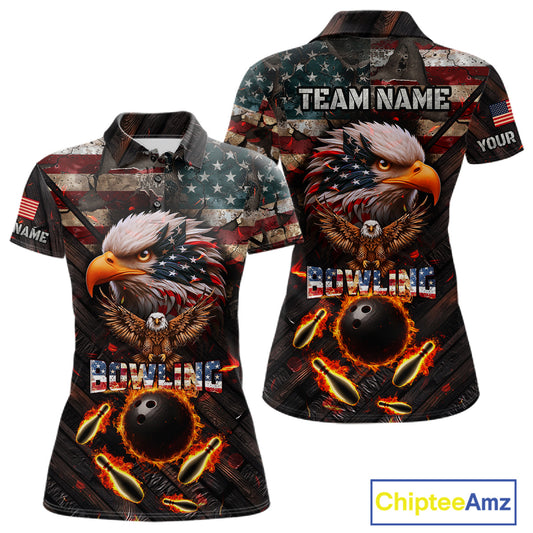 Vintage American Flag Bowling Shirt For Women Custom Eagle Bowling Team Jersey Polo & 1/4 Zip TDM6107