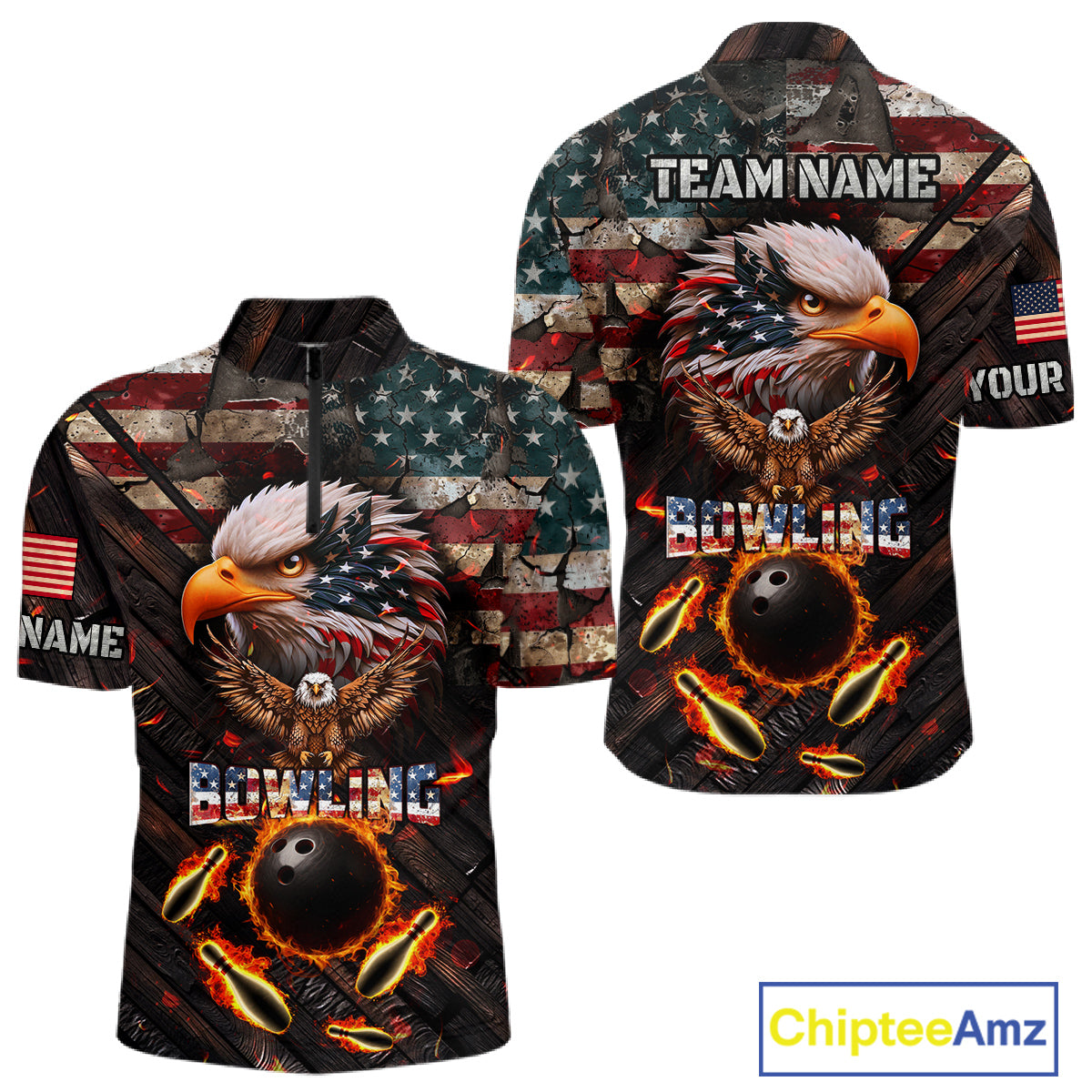 Vintage American Flag Bowling Shirt For Men Custom Eagle Bowling Team Jersey Polo & 1/4 Zip TDM6107