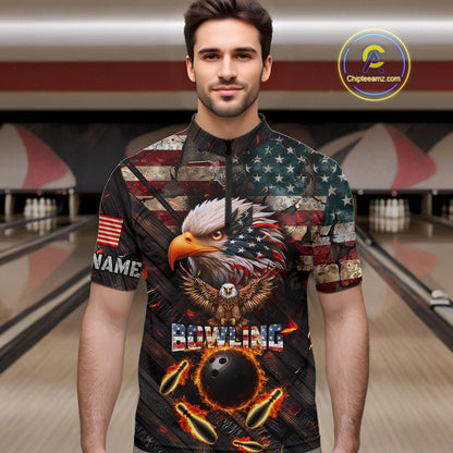 Vintage American Flag Bowling Shirt For Men Custom Eagle Bowling Team Jersey Polo & 1/4 Zip TDM6107