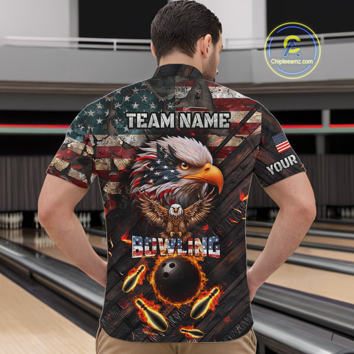 Vintage American Flag Bowling Shirt For Men Custom Eagle Bowling Team Jersey Polo & 1/4 Zip TDM6107