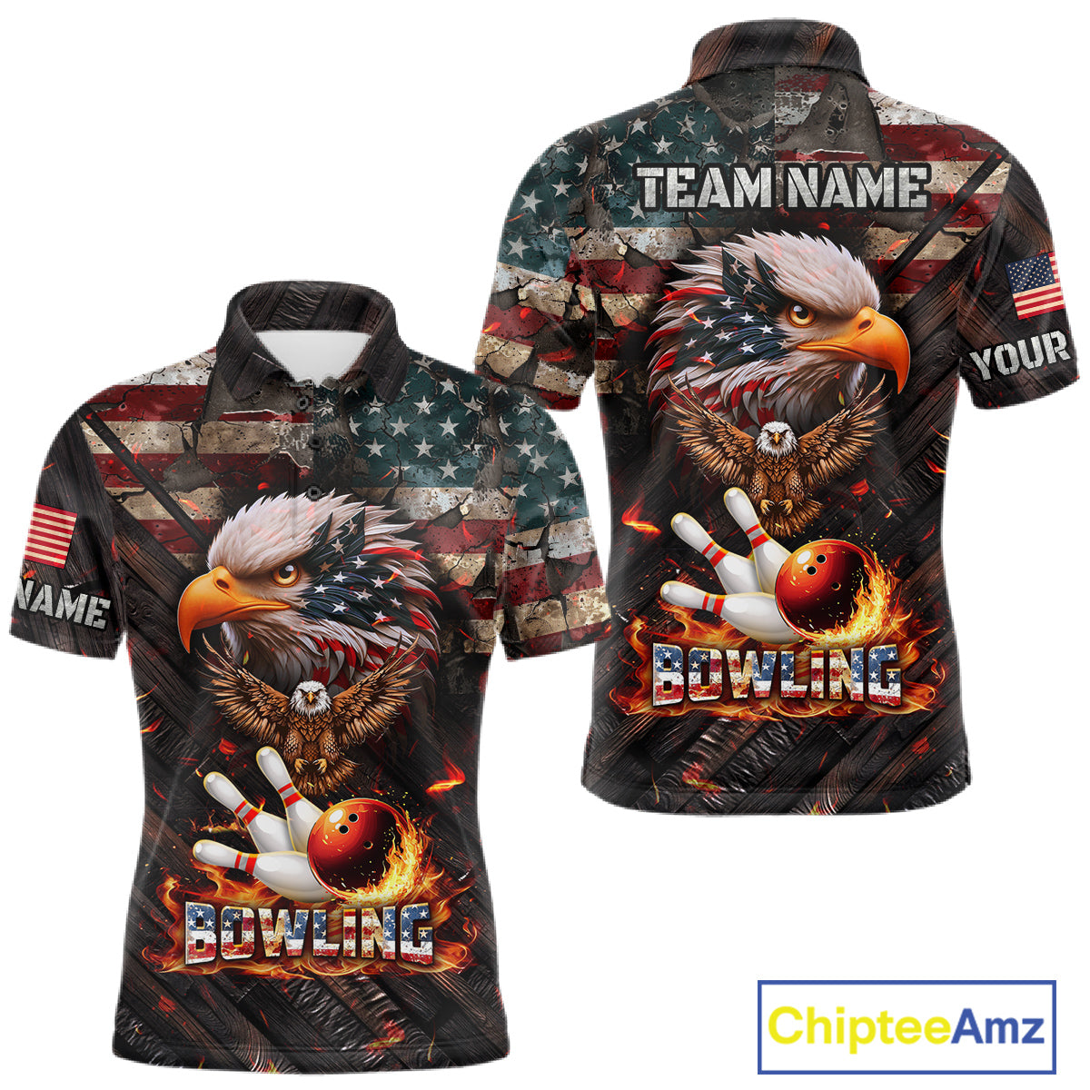 American Flag Flame Eagle Bowling Shirt For Men Custom Patriotic Bowling Jersey Polo & 1/4 Zip TDM6108