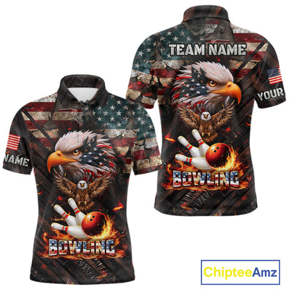 American Flag Flame Eagle Bowling Shirt For Men Custom Patriotic Bowling Jersey Polo & 1/4 Zip TDM6108