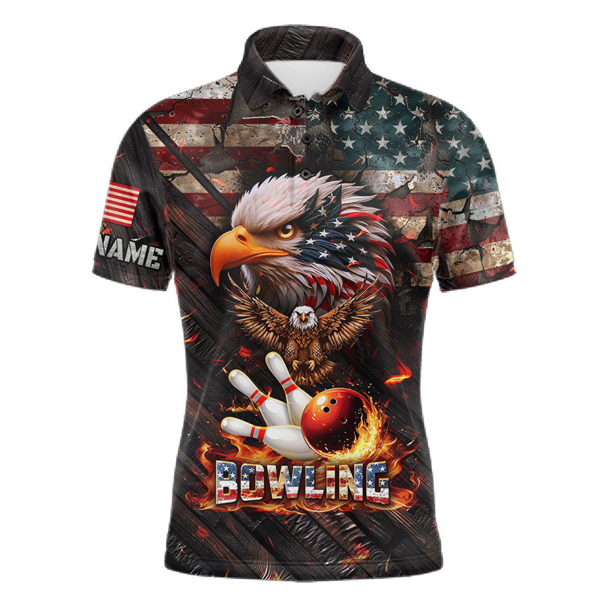 American Flag Flame Eagle Bowling Shirt For Men Custom Patriotic Bowling Jersey Polo & 1/4 Zip TDM6108