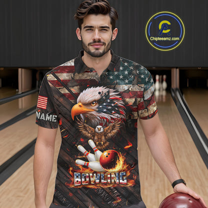 American Flag Flame Eagle Bowling Shirt For Men Custom Patriotic Bowling Jersey Polo & 1/4 Zip TDM6108