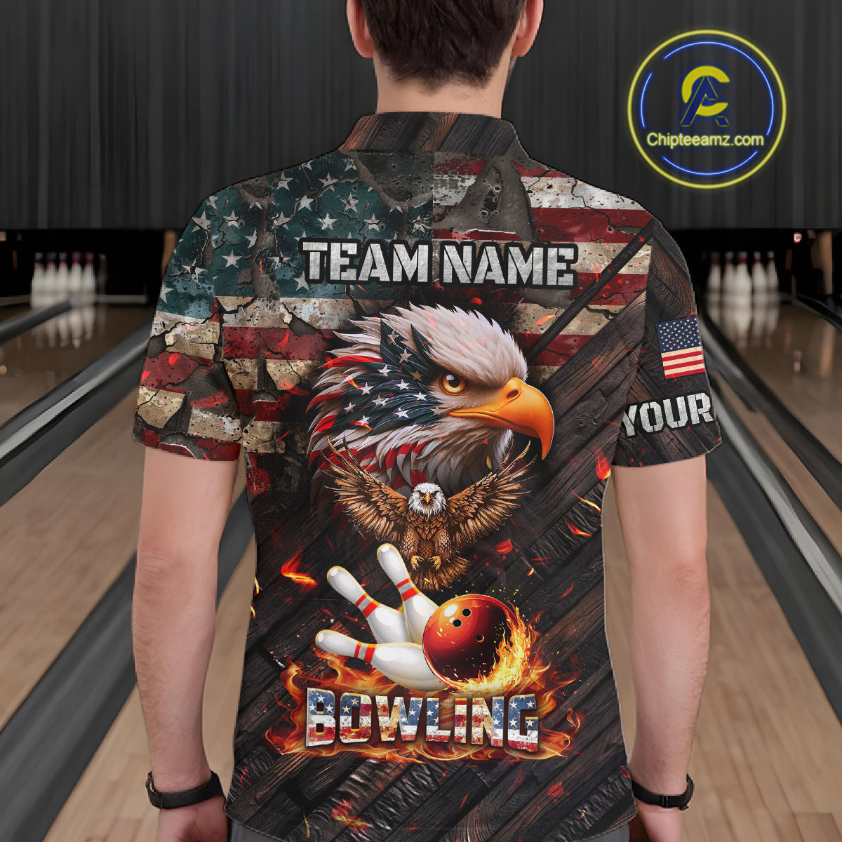 American Flag Flame Eagle Bowling Shirt For Men Custom Patriotic Bowling Jersey Polo & 1/4 Zip TDM6108