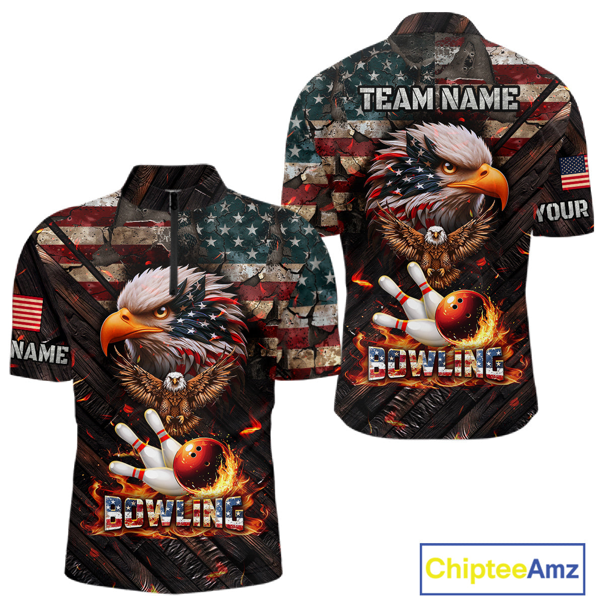 American Flag Flame Eagle Bowling Shirt For Men Custom Patriotic Bowling Jersey Polo & 1/4 Zip TDM6108