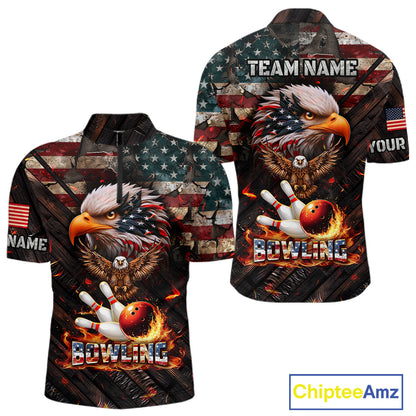 American Flag Flame Eagle Bowling Shirt For Men Custom Patriotic Bowling Jersey Polo & 1/4 Zip TDM6108