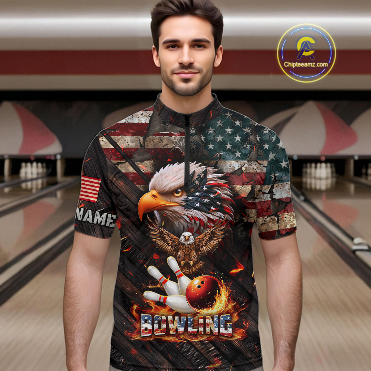 American Flag Flame Eagle Bowling Shirt For Men Custom Patriotic Bowling Jersey Polo & 1/4 Zip TDM6108