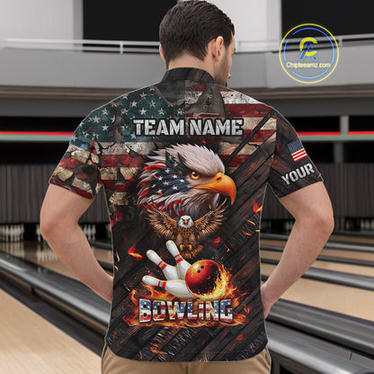 American Flag Flame Eagle Bowling Shirt For Men Custom Patriotic Bowling Jersey Polo & 1/4 Zip TDM6108