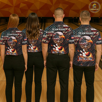 American Flag Flame Eagle Bowling Shirt For Women Custom Patriotic Bowling Jersey Polo & 1/4 Zip TDM6108