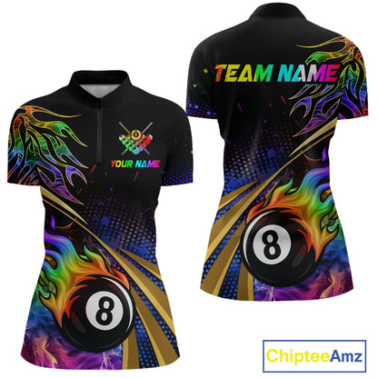 Personalized Colorful Flame 8 Ball Billiard Shirt For Women Custom Pool Team Jerseys Polo & 1/4 Zip TDM4214