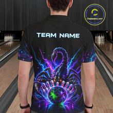 Load image into Gallery viewer, Back view of man wearing a neon scorpion bowling polo shirt inside a bowling alley.