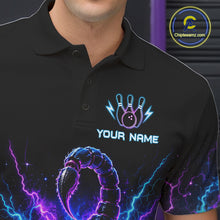 Load image into Gallery viewer, Close-up of a neon scorpion bowling polo shirt collar, buttons, and scorpion artwork details.