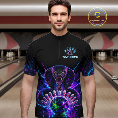 Man wearing a neon cobra bowling quarter zip jersey during league competition front view.