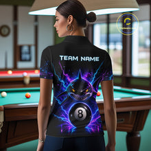 Load image into Gallery viewer, Back view of woman wearing a neon shark 8 ball pool shirt in a billiards hall.