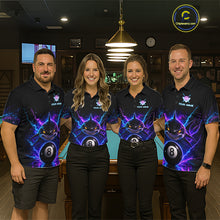 Load image into Gallery viewer, Pool team wearing matching neon shark 8 ball billiard jerseys during tournament competition front view.