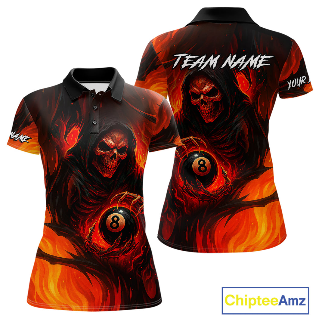 Orange Flaming Grim Reaper 8 Ball Billiard Shirt For Women Custom Halloween Pool Team Shirt Outfit TDM4811