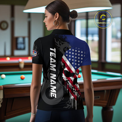 Grunge American Flag Skull 8 Ball Pool Custom Women Billiard Shirts, Patriotic Billiard Team Jerseys  TDM3249
