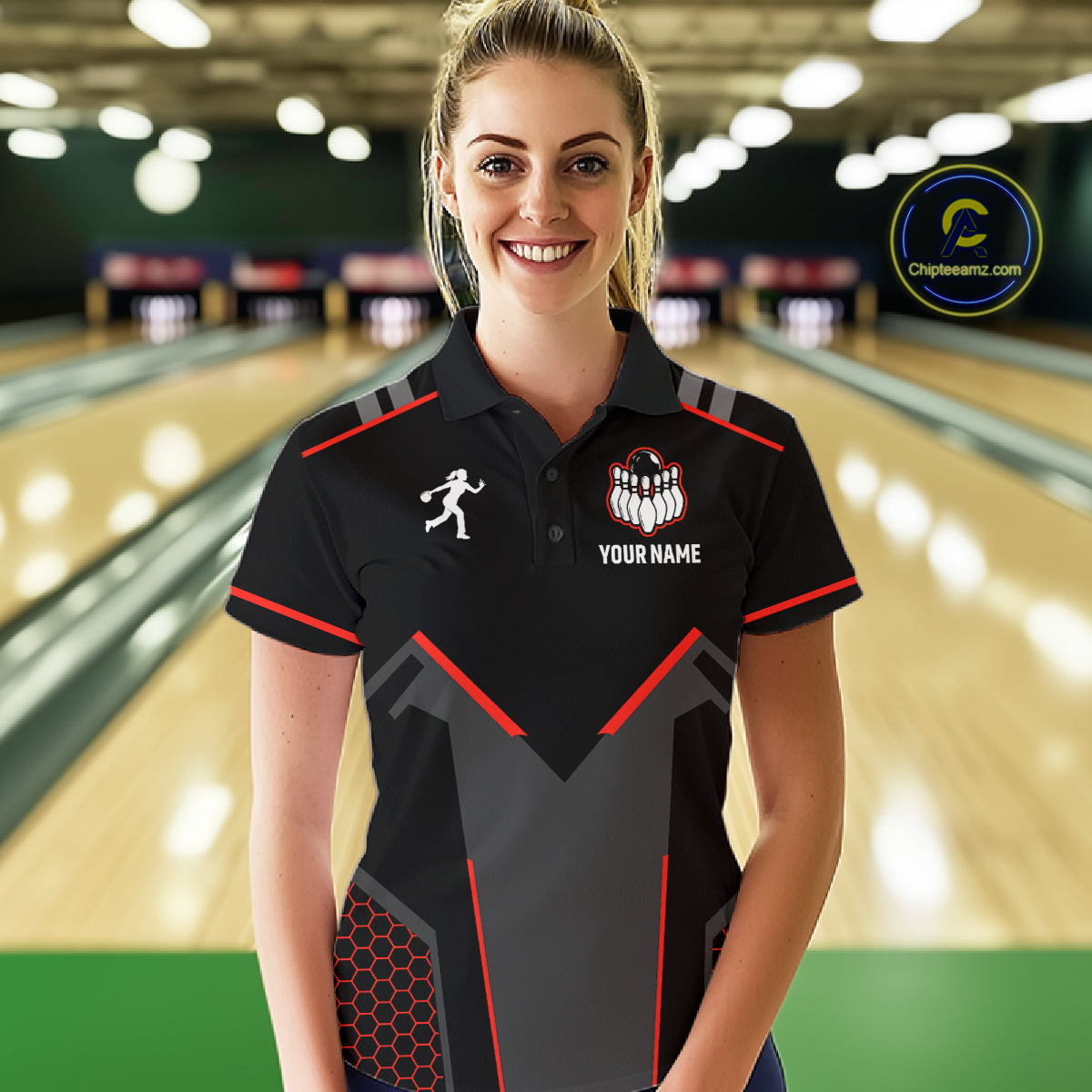 Personalized Bowling Jersey For Women Custom Black And Red Bowling Team Shirt Polo & 1/4 Zip TDM6116
