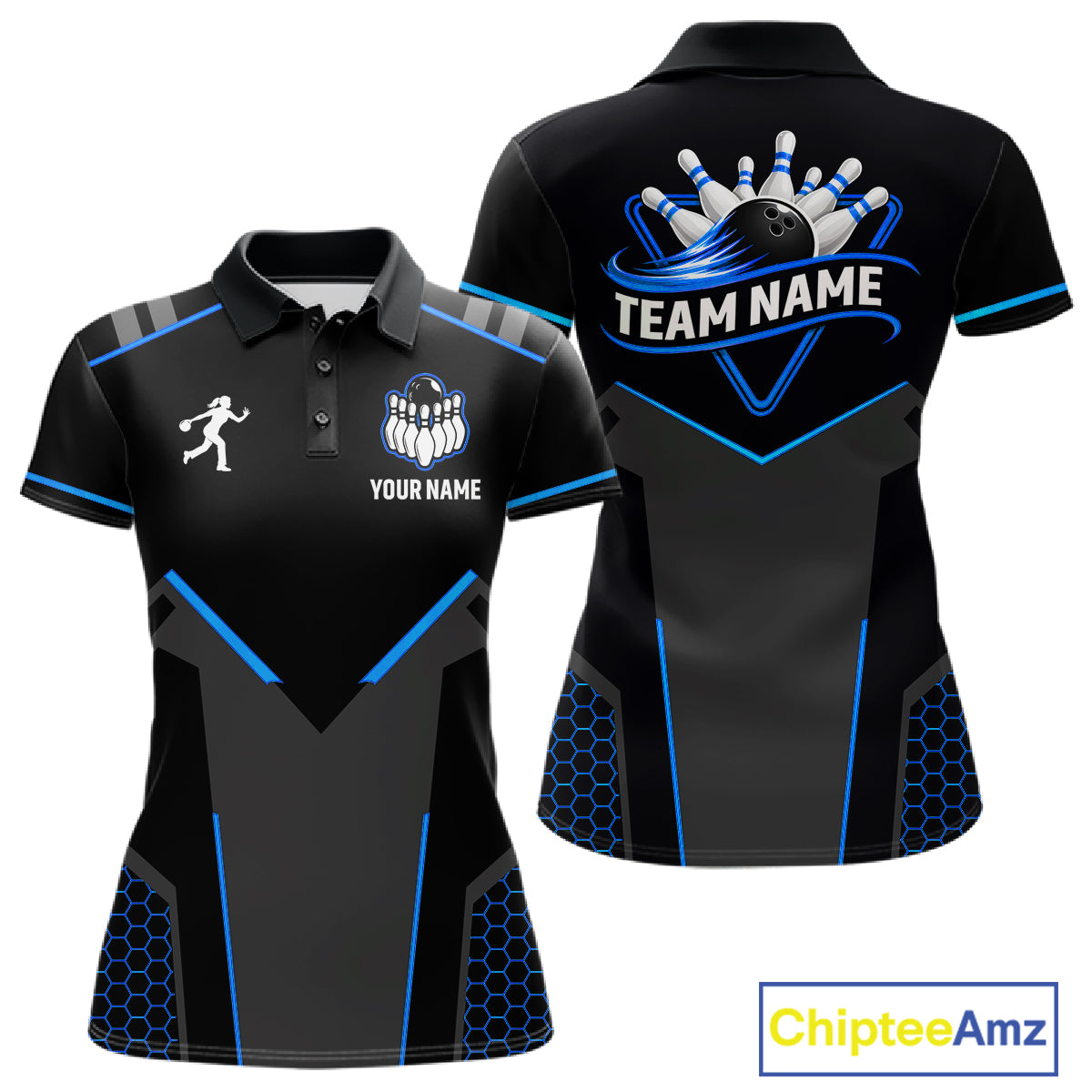 Personalized Bowling Jersey For Women Custom Black And Blue Bowling Team Shirt Polo & 1/4 Zip TDM6117