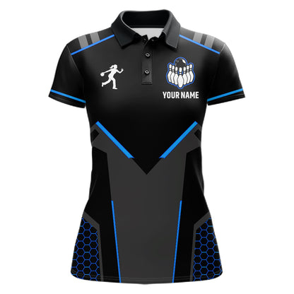 Personalized Bowling Jersey For Women Custom Black And Blue Bowling Team Shirt Polo & 1/4 Zip TDM6117