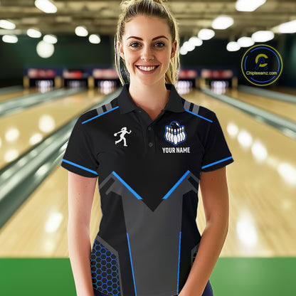 Personalized Bowling Jersey For Women Custom Black And Blue Bowling Team Shirt Polo & 1/4 Zip TDM6117