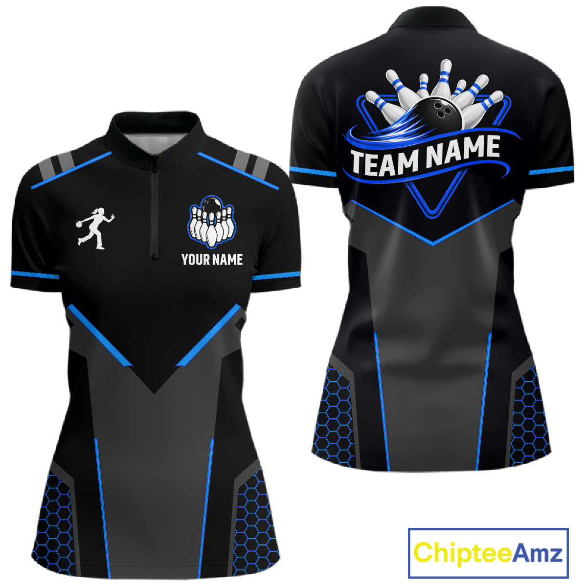 Personalized Bowling Jersey For Women Custom Black And Blue Bowling Team Shirt Polo & 1/4 Zip TDM6117
