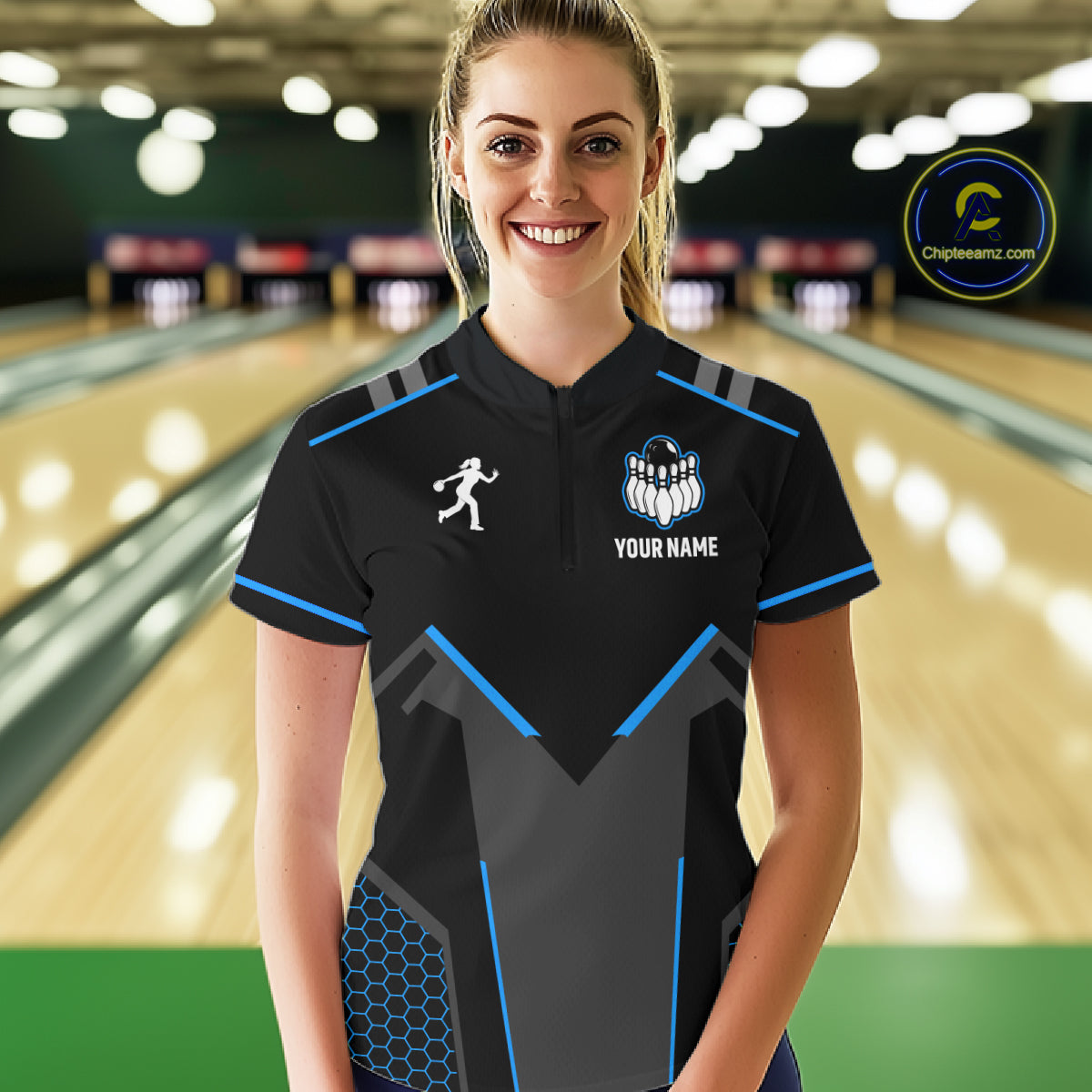 Personalized Bowling Jersey For Women Custom Black And Blue Bowling Team Shirt Polo & 1/4 Zip TDM6117
