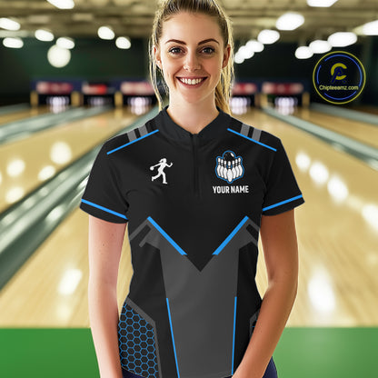 Personalized Bowling Jersey For Women Custom Black And Blue Bowling Team Shirt Polo & 1/4 Zip TDM6117
