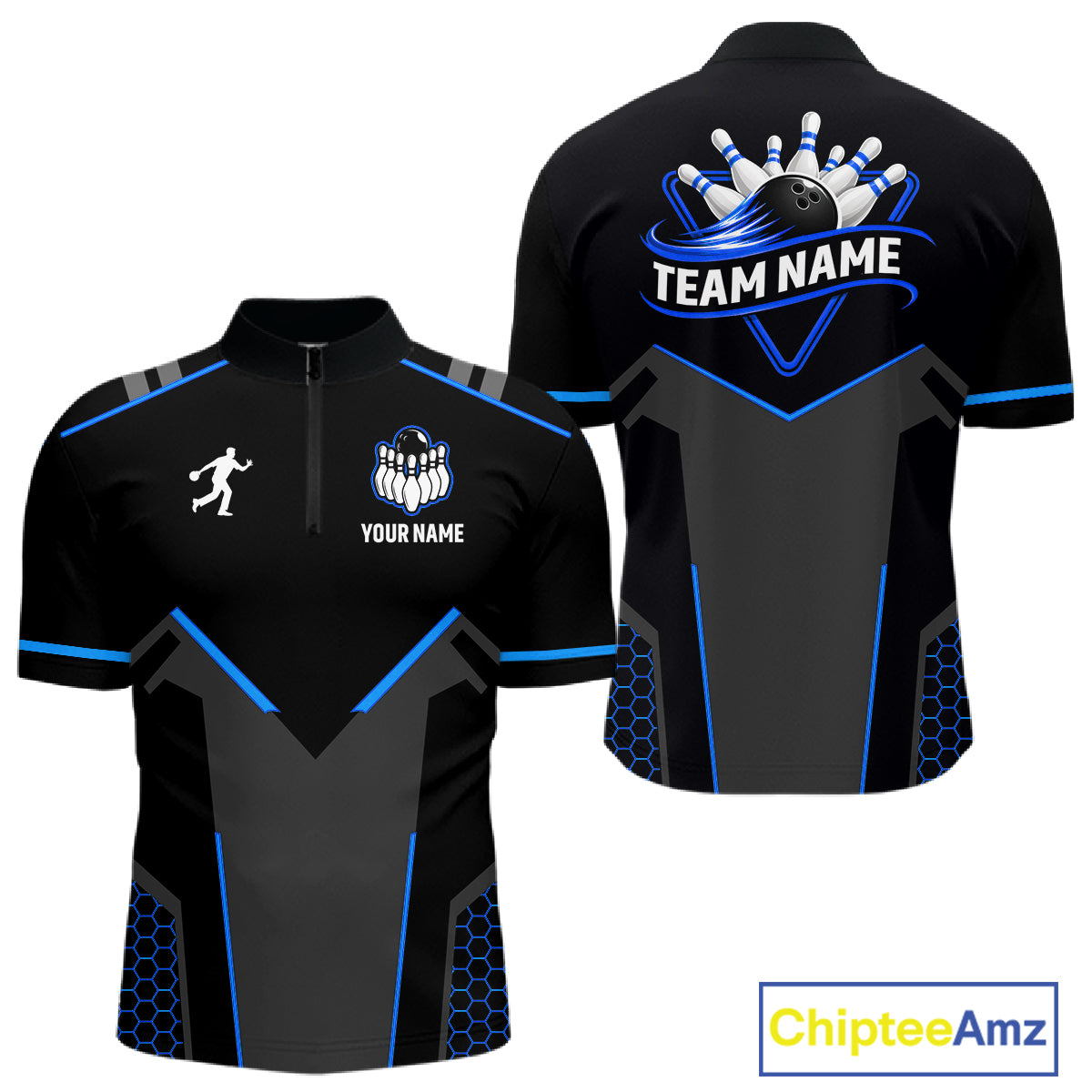 Personalized Bowling Jersey For Men Custom Black And Blue Bowling Team Shirt Polo & 1/4 Zip TDM6117