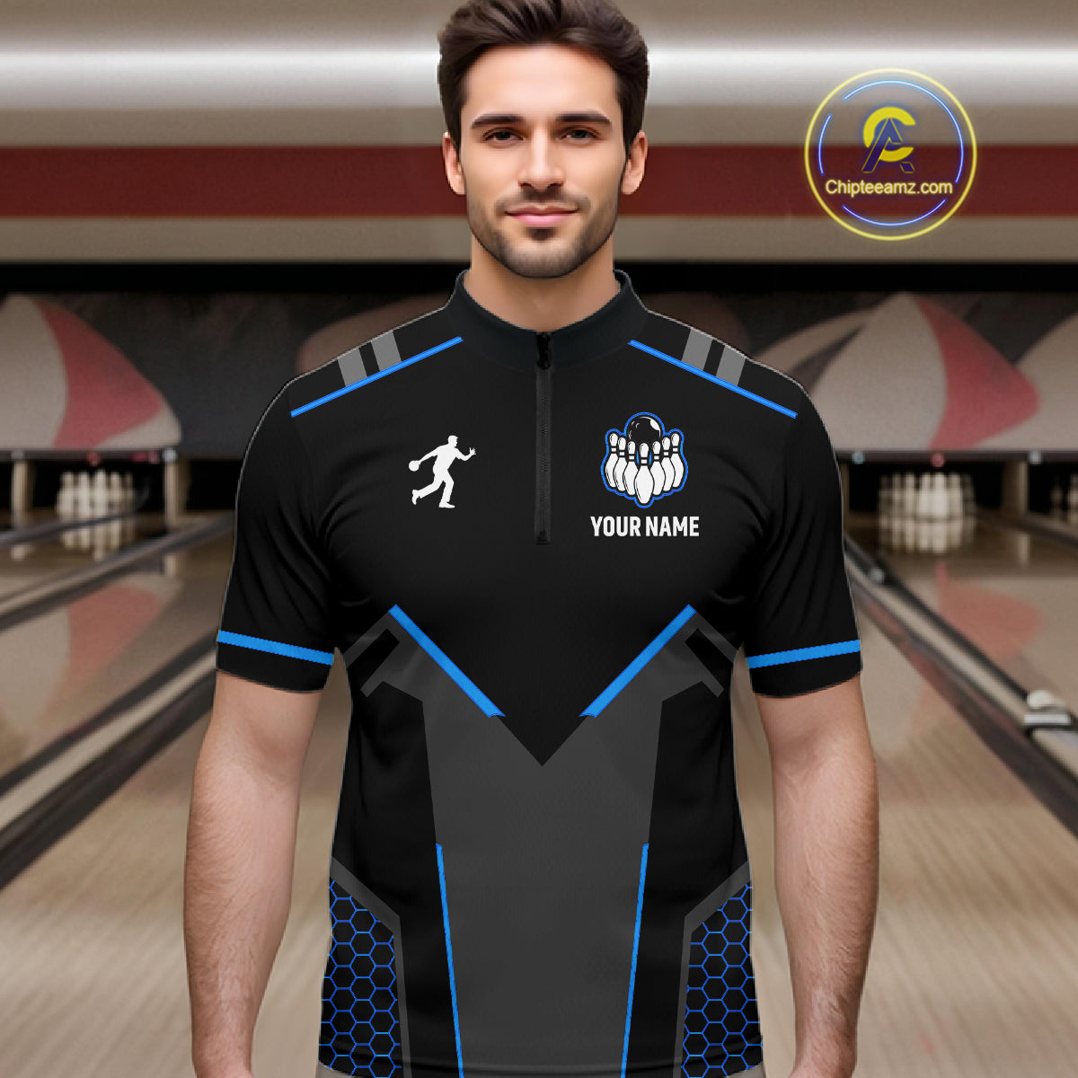 Personalized Bowling Jersey For Men Custom Black And Blue Bowling Team Shirt Polo & 1/4 Zip TDM6117
