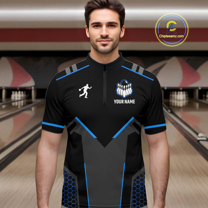 Personalized Bowling Jersey For Men Custom Black And Blue Bowling Team Shirt Polo & 1/4 Zip TDM6117