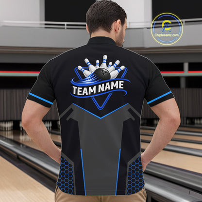 Personalized Bowling Jersey For Men Custom Black And Blue Bowling Team Shirt Polo & 1/4 Zip TDM6117