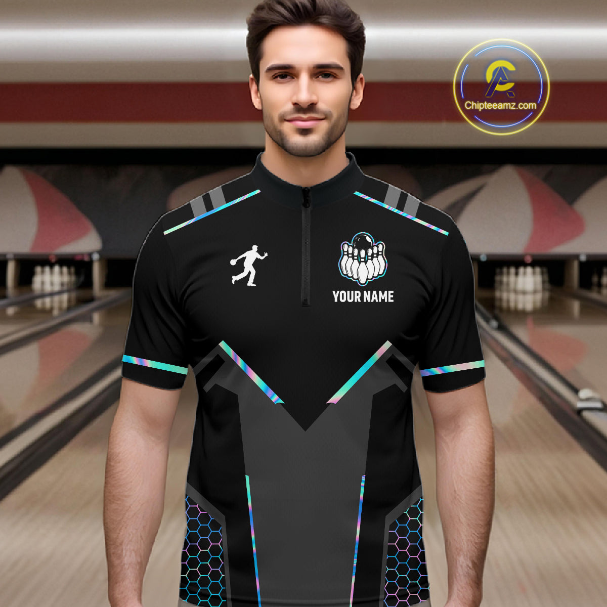 Personalized Holographic Bowling Jersey For Men Custom Bowling Team Shirts Polo & Quarter Zip TDM6118