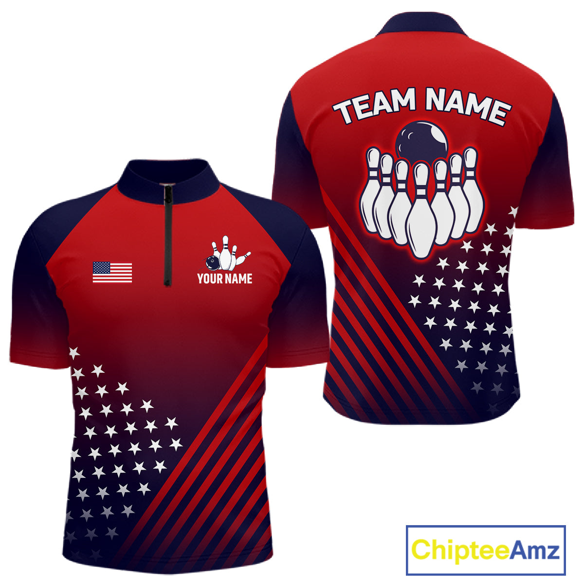 American Flag Bowling Jersey For Men, Custom Patriotic Bowling League Team Shirts Polo & 1/4 Zip TDM6544