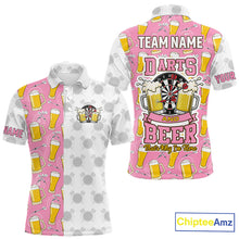 Load image into Gallery viewer, Pink and white darts and beer darts polo shirt for men with custom darts team graphics.