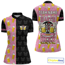 Load image into Gallery viewer, Pink and black darts and beer darts quarter zip shirt for women designed for league tournaments and team events.