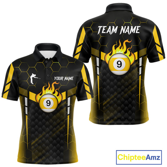 Personalized Yellow 9 Ball Flame Billiard Polo & Quarter Zip For Men, 9 Ball Pool Team Jersey TDM6127