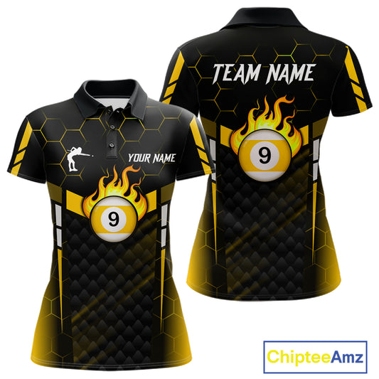 Personalized Yellow 9 Ball Flame Billiard Polo & Quarter Zip For Women, 9 Ball Pool Team Jersey TDM6127