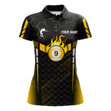 Load image into Gallery viewer, Personalized Yellow 9 Ball Flame Billiard Polo &amp; Quarter Zip For Women, 9 Ball Pool Team Jersey TDM6127